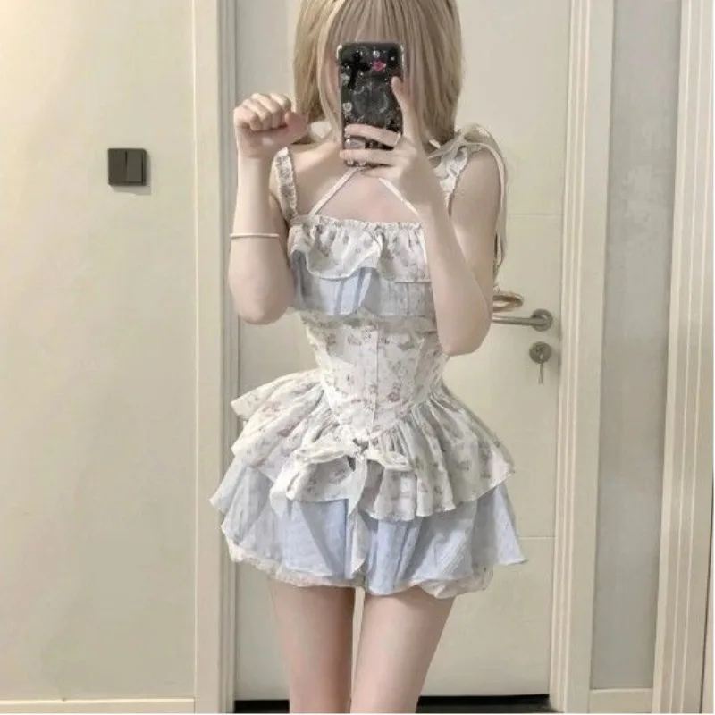 

Summer Women Two Piece Set Sleeveless Floral Ruffle Dress Blue Beige Layered Skirt Cute Girl Outfit Sweet Fairy Style Japan New