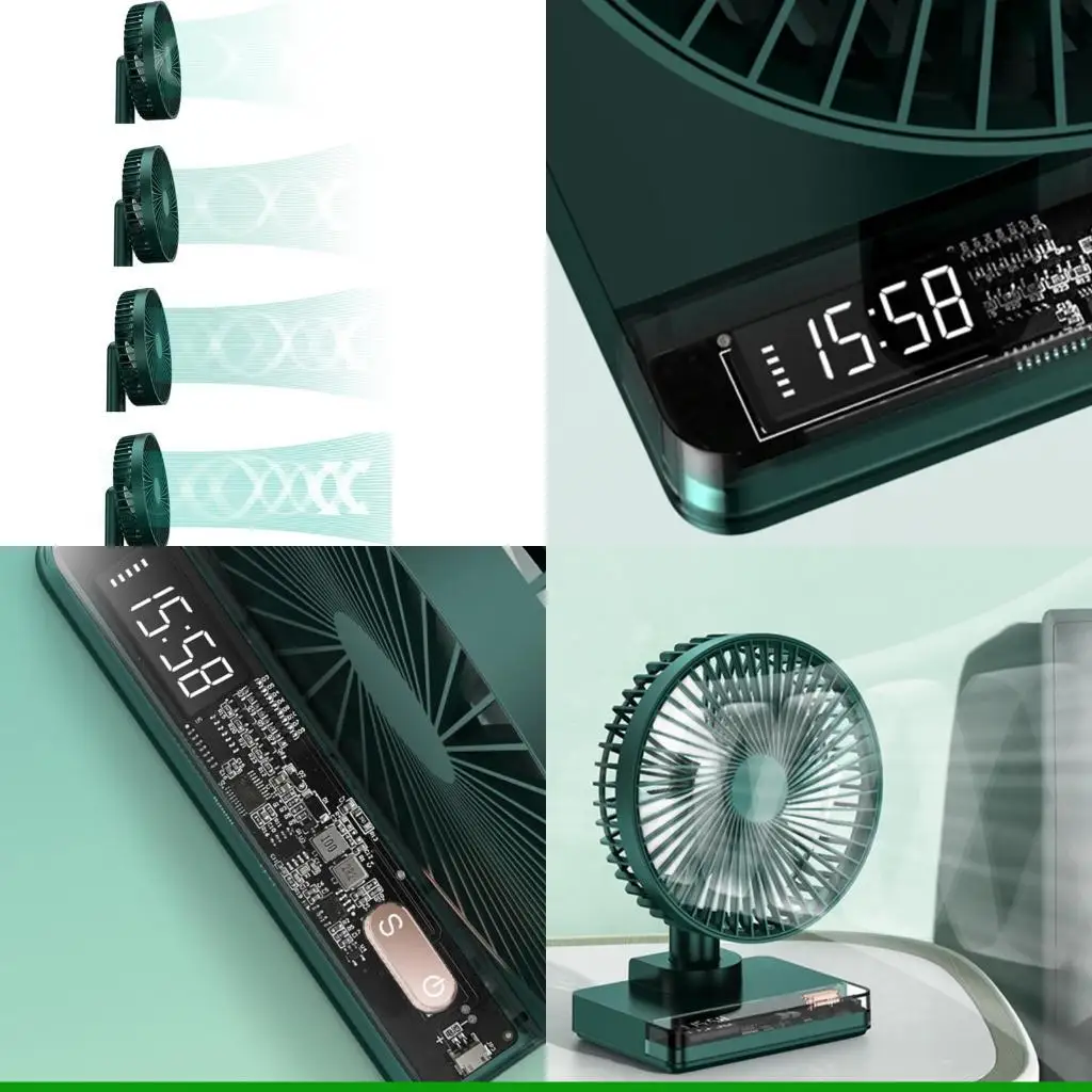 

U55C USB-настольный вентилятор с часами, аккумулятор 3600 мАч, портативный вентилятор, вращающийся настольный вентилятор с