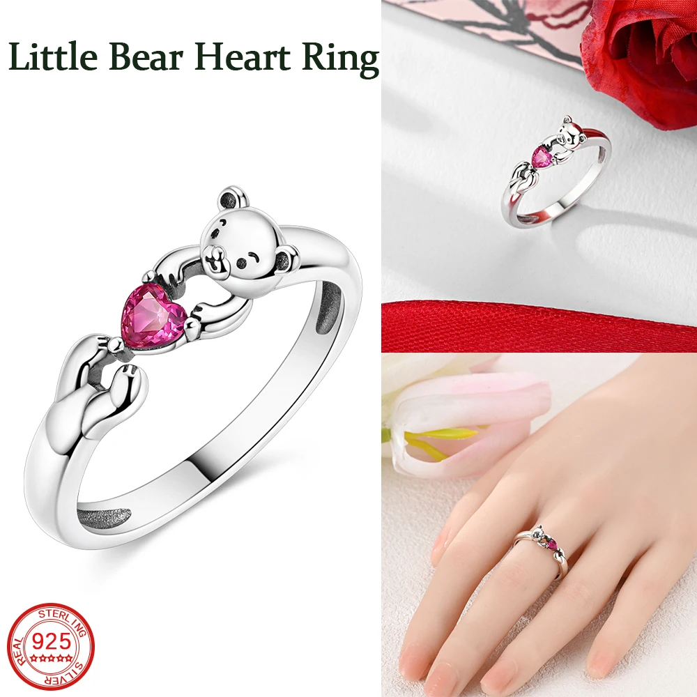 2024 New 925 Sterling Silver Valentine's Day - Spring Bear Heart Ring Heart Carving Engagement Wedding Jewelry