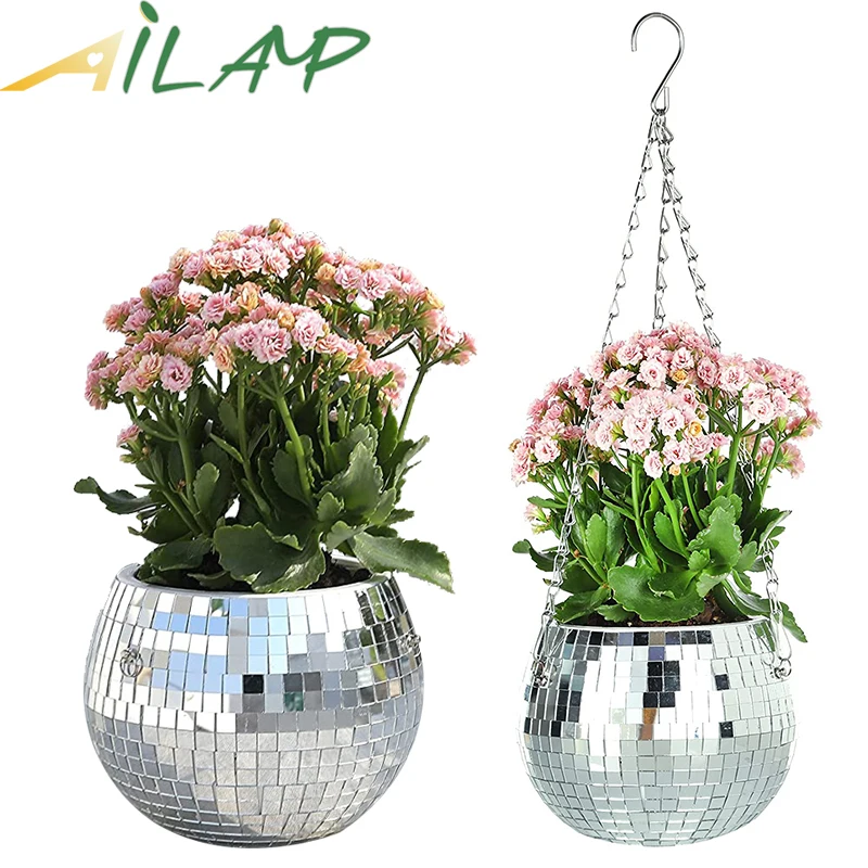 Disco ball planter Mirror reflective lighting KTV dj disco ball flowerpot Reflective flower pot with hanging chain holiday party