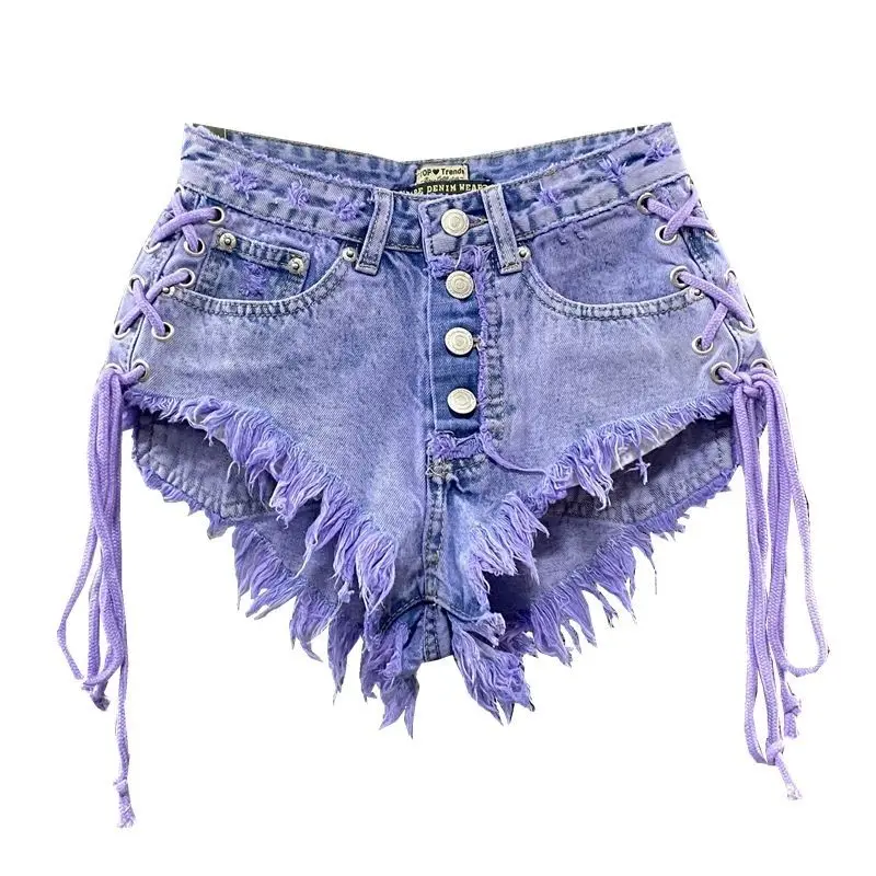 Women\'s Autumn New Purple Fashionable Sexy Low Rise Single breasted A-line Denim Shorts with Strap Hot Pants