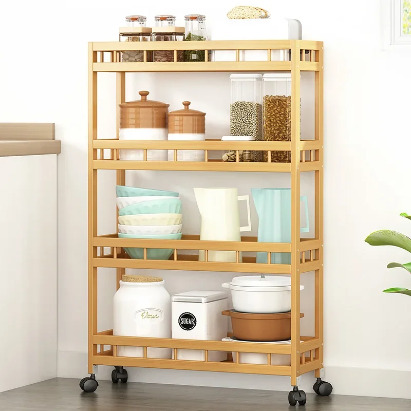 Multi-tier Bamboo Storage Shelf-Narrow Kitchen Rack with Wheels Floor Standing Bathroom Organizer Storage Rack
