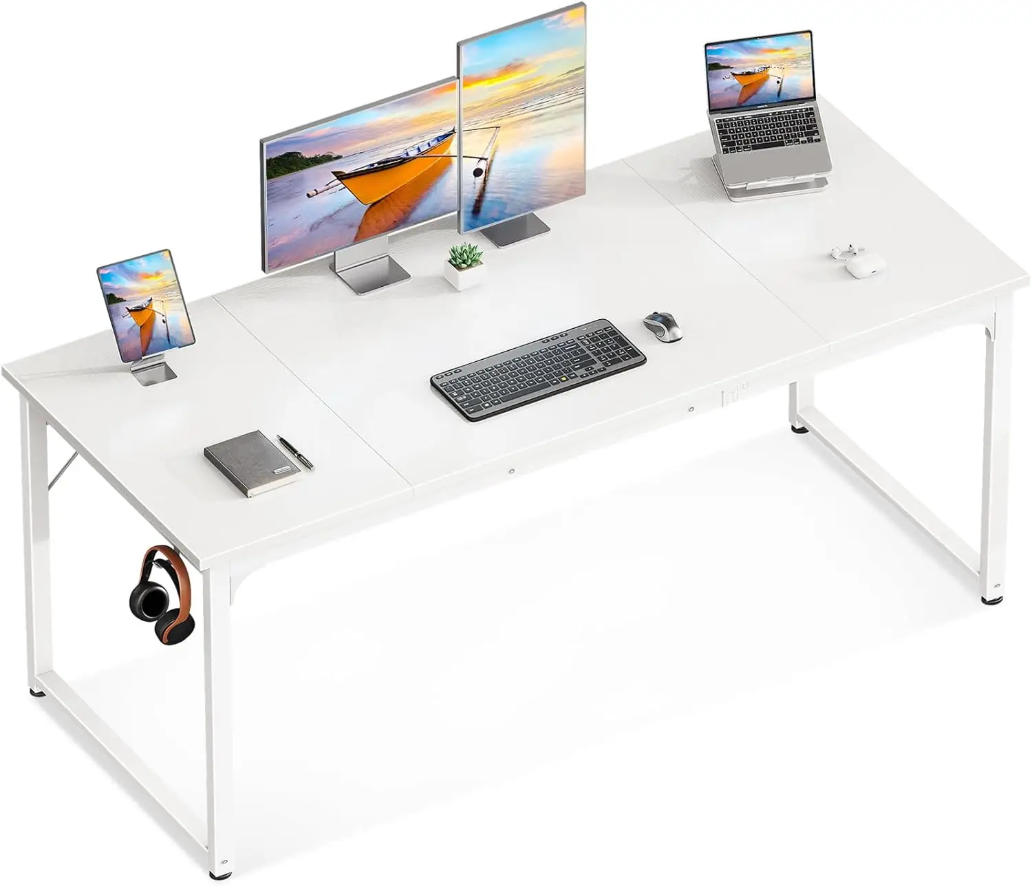 63 Inch Computer Desk For Home Office, Study Writing Table For Small Spaces, Simple Modern Desk With Headpe Hooks, White