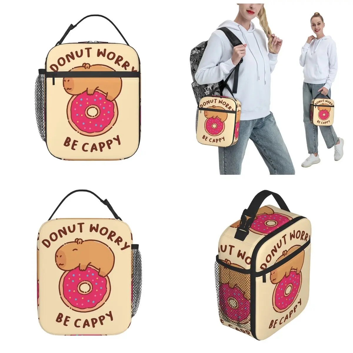 Happy Capybara On Donut Accessories Insulated Lunch Bags Office Food Box Portable Fashion Cooler Thermal Bento Box