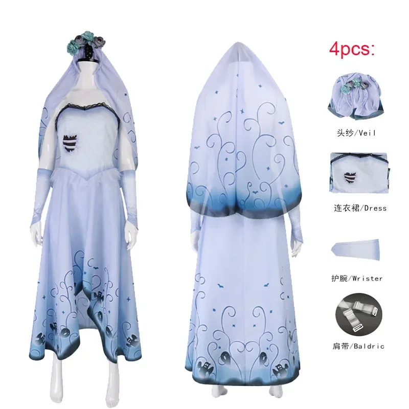 2025 Zombie Ghost Emily Blue Printed Dress Gothic Clothing Halloween Party Princess Dress Suit Bride Emily Cosplay Costume Wig