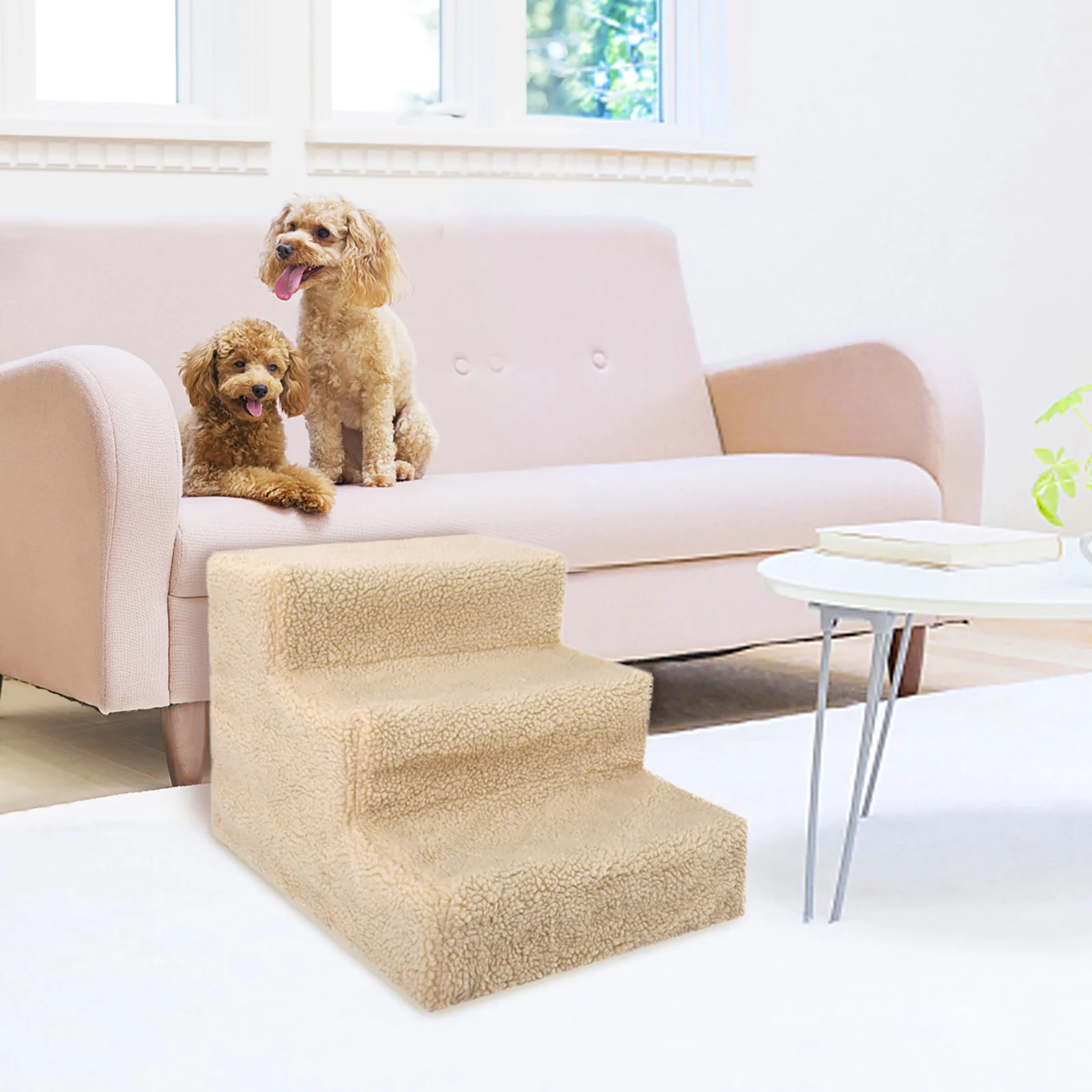 3-Tier Lightweight Pet Stairs for Dogs Cats, Steps for High Beds and Couches, Machine Washable Cover, Beige