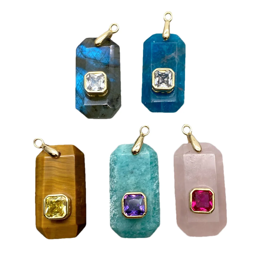 5 Pcs Natural Gemstone Rectangle Shape Apatite Rose Quartz Tiger Eye Amazonite Labradorite Cz Pendant