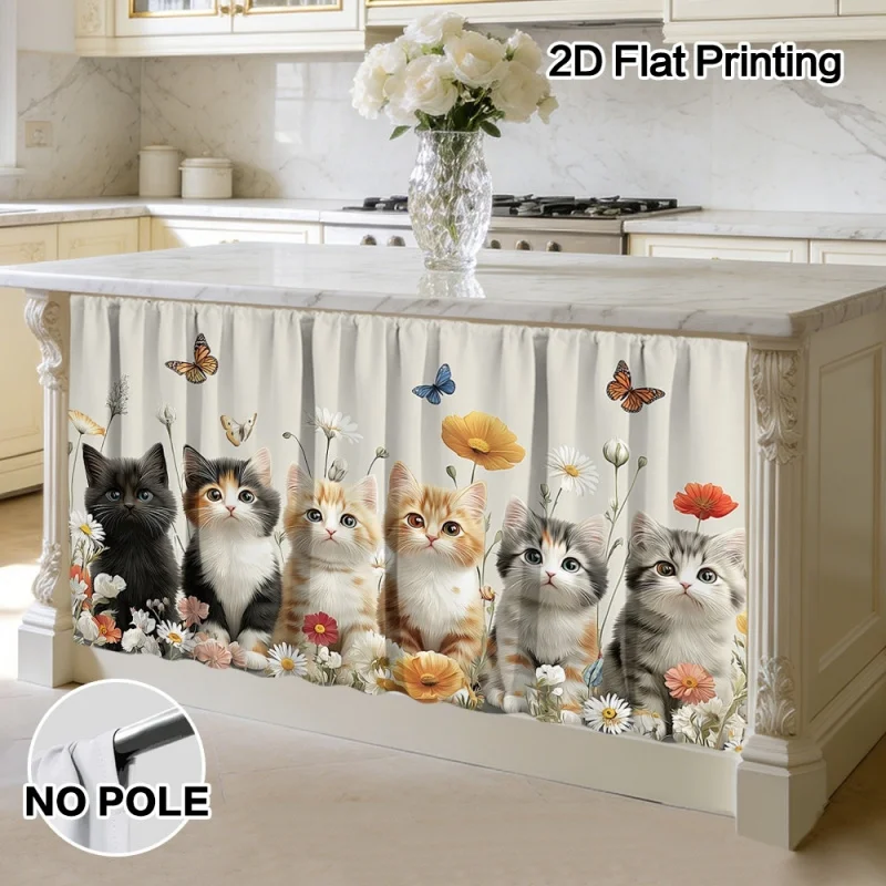 VIKAMA Spring Cats Wildflowers Kitchen Cabinet Curtains Dustproof No Drill Velcro Polyester Cover for Cupboard Wardrobe Decor