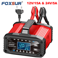 FOXSUR 12V/15A 24V/5A Smart Car Motorcycle Battery Charger Battery Pulse Repair AGM LiFePO4 Lead Acid Batteries LCD Display