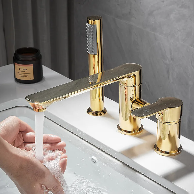 

Gold Bathtub Faucet Widespread Tub Sink Mixer Tap Brushed Gold Brass Bathroom Bath Shower Faucet with Hand shower Head