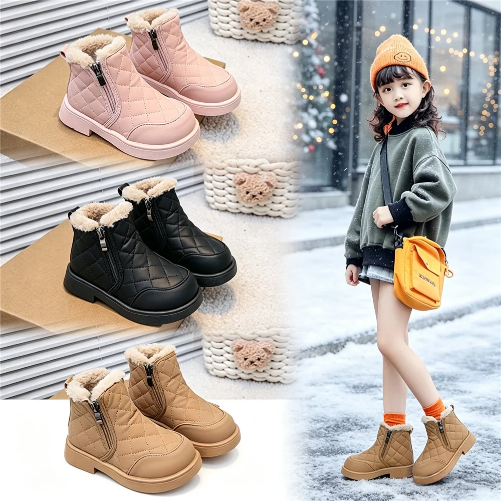 Kids Quilted Plush Lined Short Boots, Side Zipper Warm Winter Ankle Boots, Comfort Non Slip Sole for Little Girls Cold Weather
