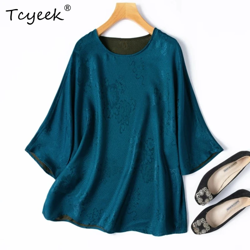 

Tcyeek 100% Real Silk Women Shirts 2026 Spring Summer Loose Simple Peacock Blue Batwing Sleeve Top Ladies Clothing Tops De Mujer