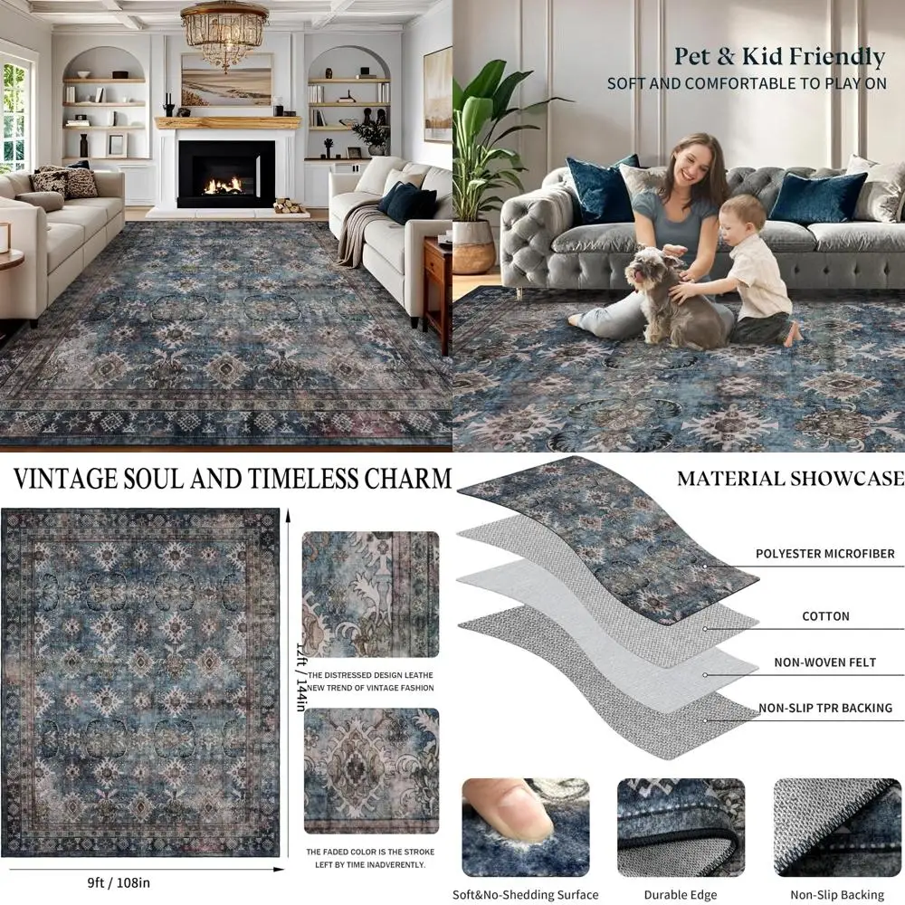 

Stain-Resistant Blue Area Rug, 9x12 Feet, Suitable for Living Room, Dining Area, and Office - Large Vintage-Style, Non-Slip Indo