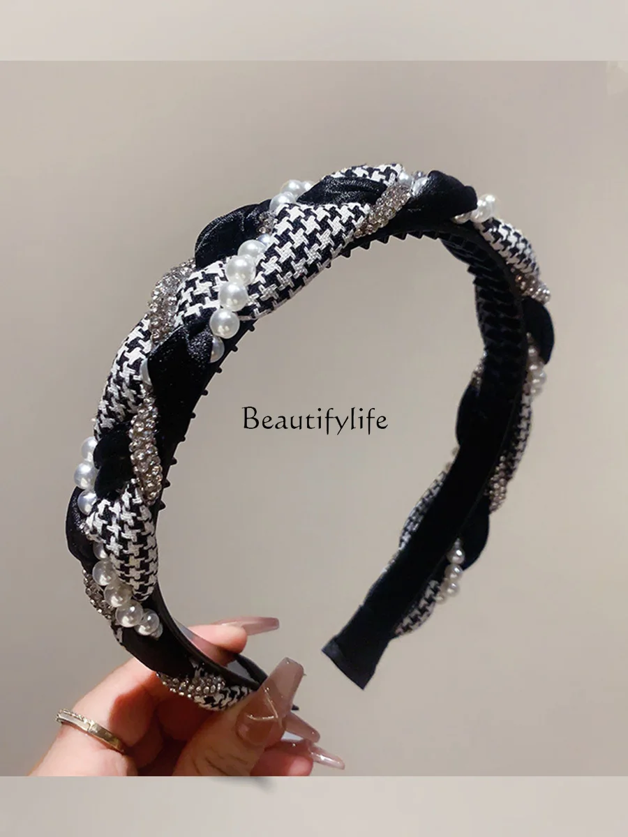 French Style High-Grade Hair Accessories Houndstooth Twist Rhinestone Pearl Headband Non-Slip Hairpin