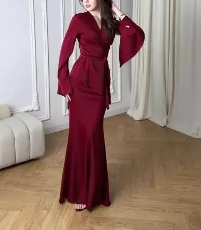 

Skirts Sets Two Piece Outfits Women 2025 New Women's Lace Up Waist Cinched Long Sleeve Top & Slimming Elegant Blue Skirt Set