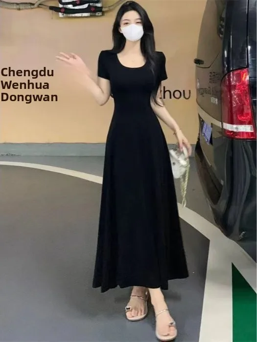 Été 2025 Femmes Pure Desire Col Carré Bal T-shirt Longue Dr Bla Minceur Or Sve Dr Tendance Coton Hig...