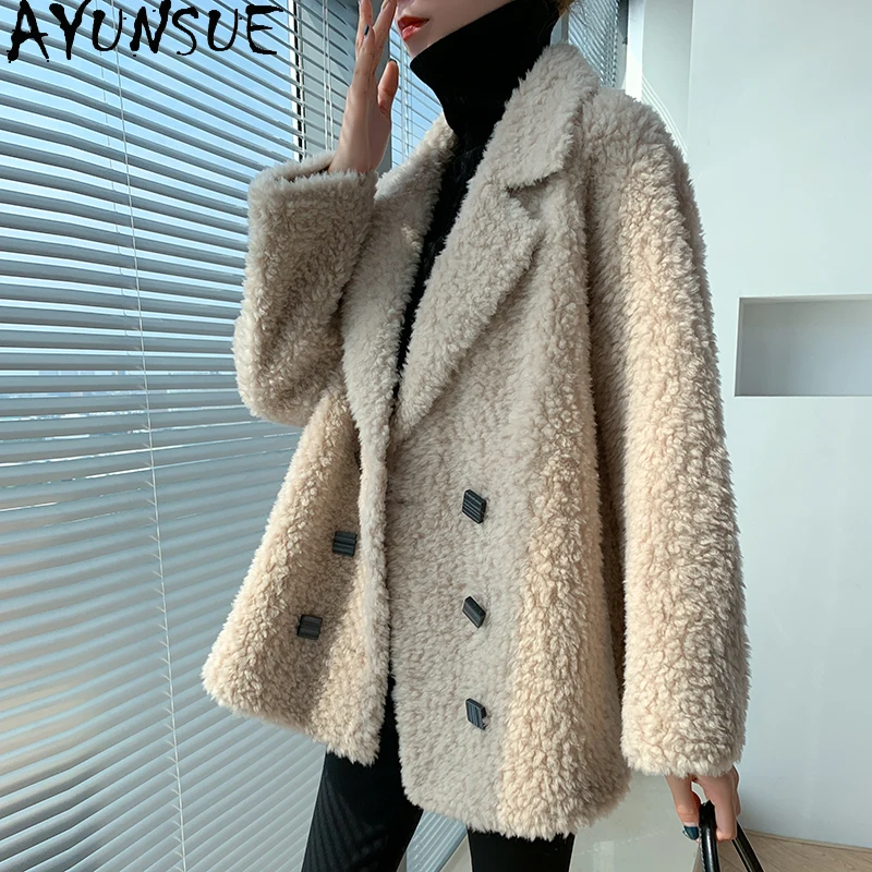 

AYUNSUE 100% Wool Coats for Women 2023 Elegant Sheep Shearing Jacket Female Clothes Mid-length Fur Coat Chamarras Para Mujeres