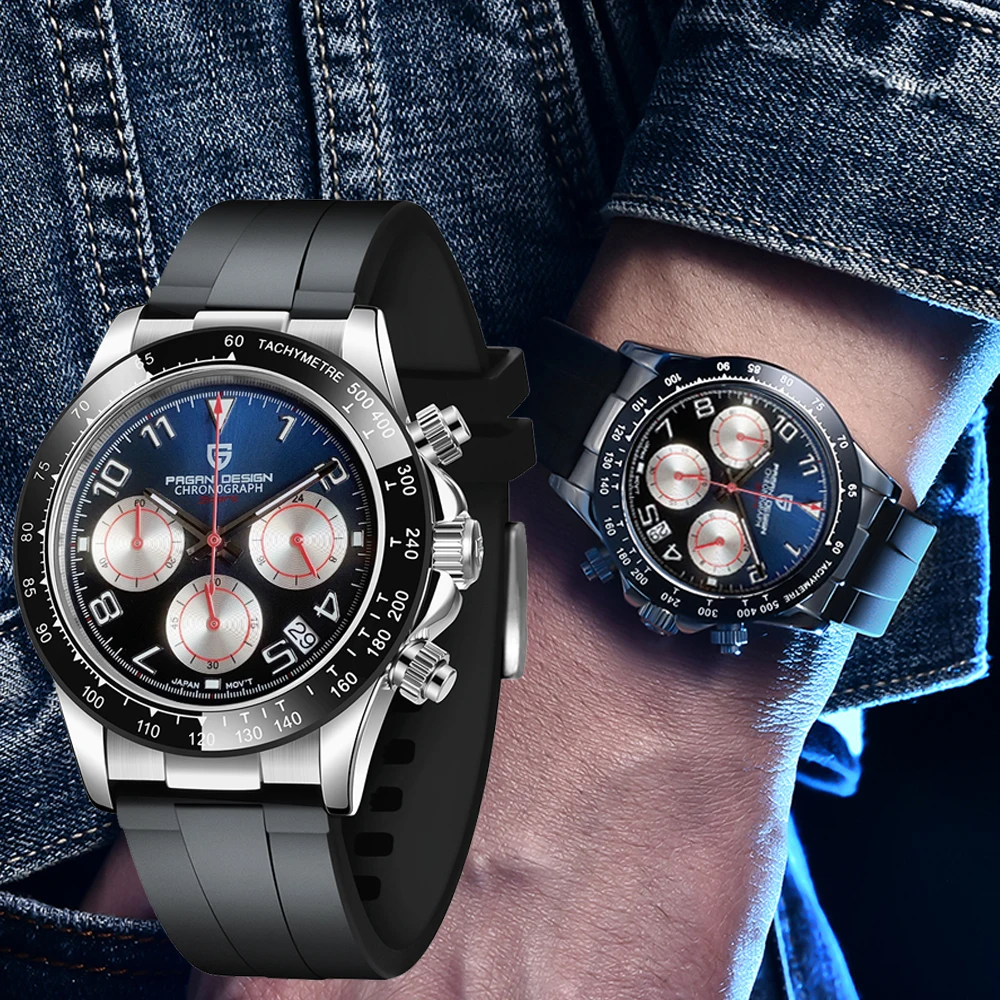 PAGANI DESIGN VK63 jam tangan kuarsa untuk pria, arloji kaca safir dengan Chronograph keramik Bezel angka Arab, hadiah olahraga