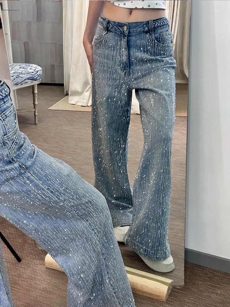 TWOTWINSTYLE ブルー スプライス ダイヤモンド ラグジュアリー トラウザーズ 女性用 ハイウエスト ルーズ アメリカン レトロ レディース ワイドレッグパンツ 秋ファッション