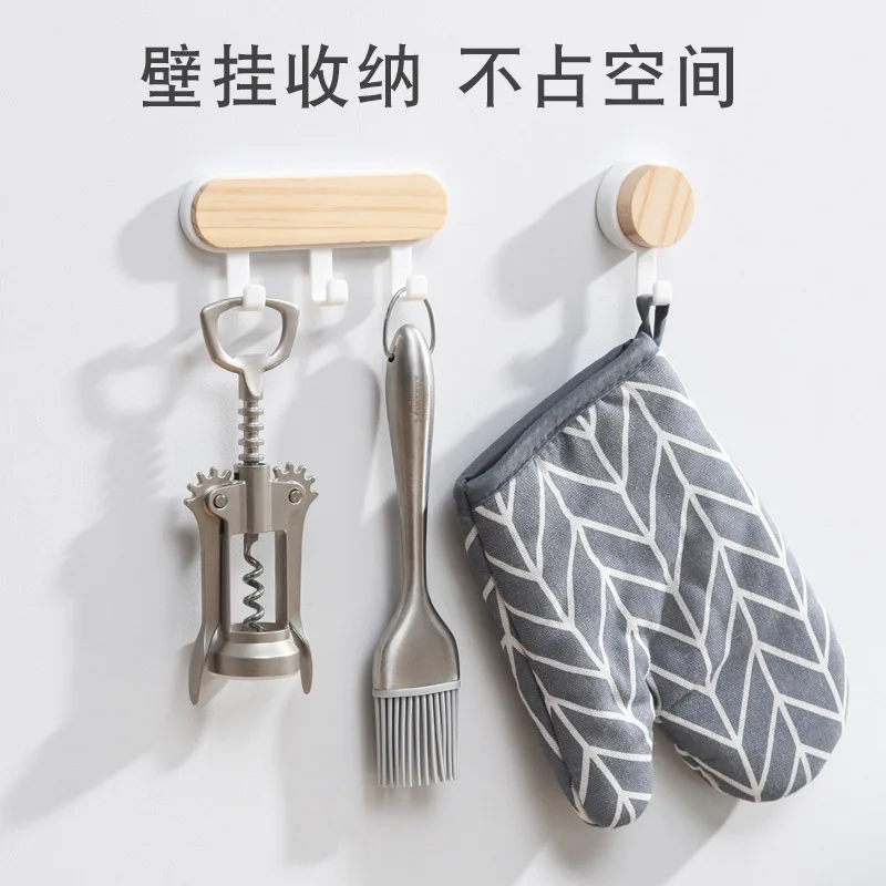 Creative Solid Wood Sticky Hook Free Punch Plastic Viscose Door and Window Coat Cap Kitchen Traceless Row Hook Black White