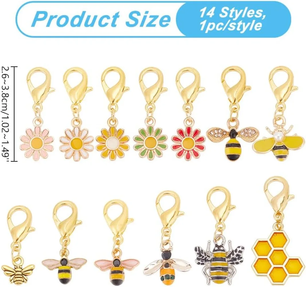 14 Pcs Bee Locking Crochet Knitting Stitch Markers, Colorful Alloy Enamel Honeycomb Stitch Markers Metal Clip-On Daisy Charms