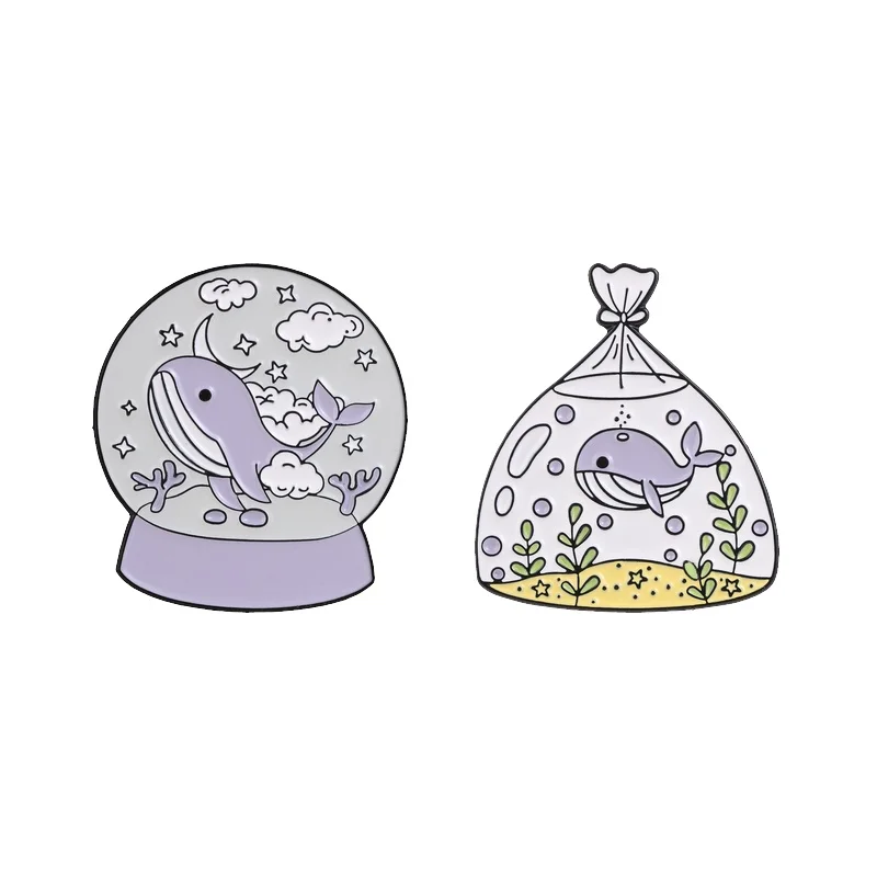Purple Whale Magic Crystal Ball Brooch Enamel Pin Cute Whale In Sealed Pouch Brooch Bag Lapel Badge Funny Jewelry Gift Wholesale