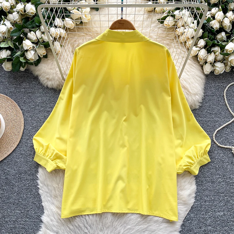 Camisa con cuello tipo Polo y mangas acampanadas para mujer, Top holgado con estampado en caliente y estampado de diamantes, estilo europeo americano, C367