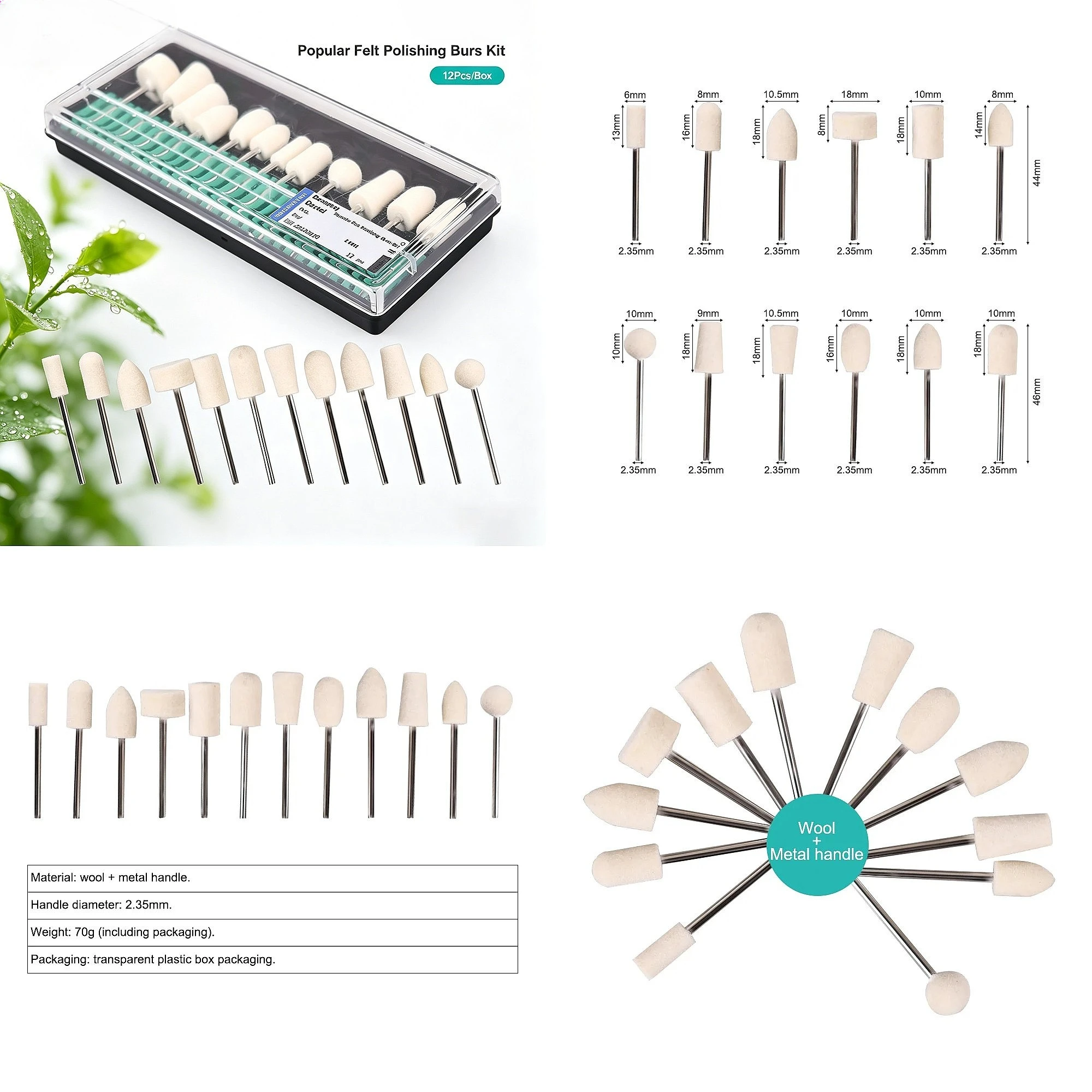 Dentals 12Pcs Wool Felt Polishing Buffing Wheels 2.35mm Shank Mini Drill Rotary Tool