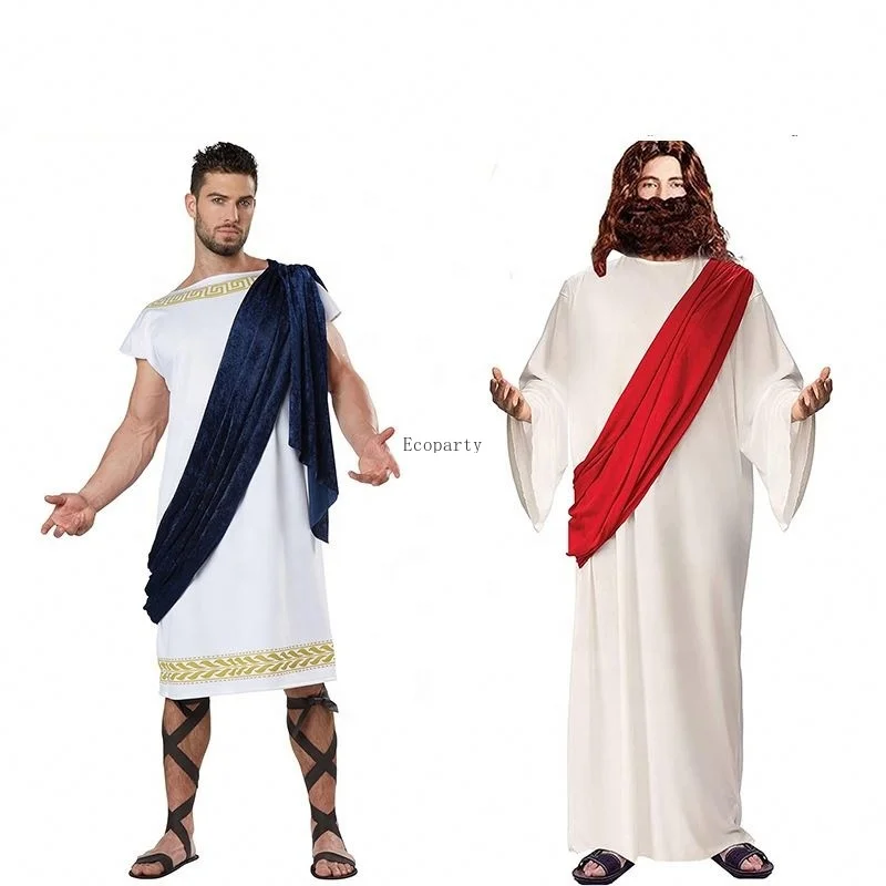 زي يسوع للبالغين للرجال أزياء الهالوين رداء أبيض وشاح أحمر وأزرق روماني يوناني لعب الأدوار حفلة تنكرية زيوس ثوب طويل