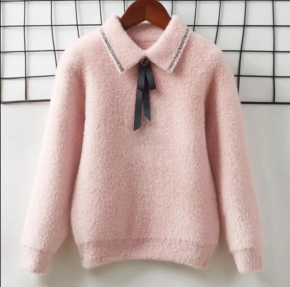 All-match Solid Color Student Children's Sweaters Autumn Winter Soft Velvet Girls Sweaters Bow Tie Turndown Collar Baby Sweater