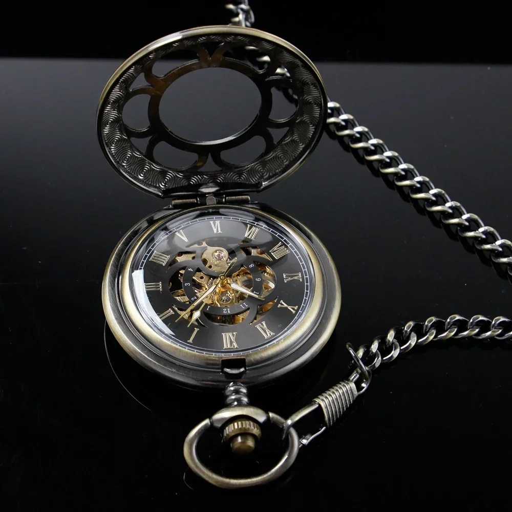 Retro Flower Hollow Skeleton Automatic Mechanical Pocket Watch Mens Fob Chain Steel Exquisite Sculpture Women Roman Numerals