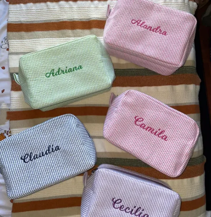 

Personalized Seersucker Cosmetic Bag Monogrammed Toiletry Bag Bridal gift,Baby gift,Birthday Bag,Bridesmaid Makeup Bag