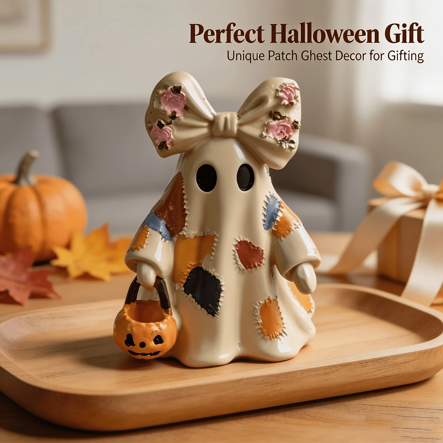 1PC Patchwork Ghost Resin Ornament with Pink Rose Bow Pumpkin Candy Bucket Halloween Home Decor Holiday Gift