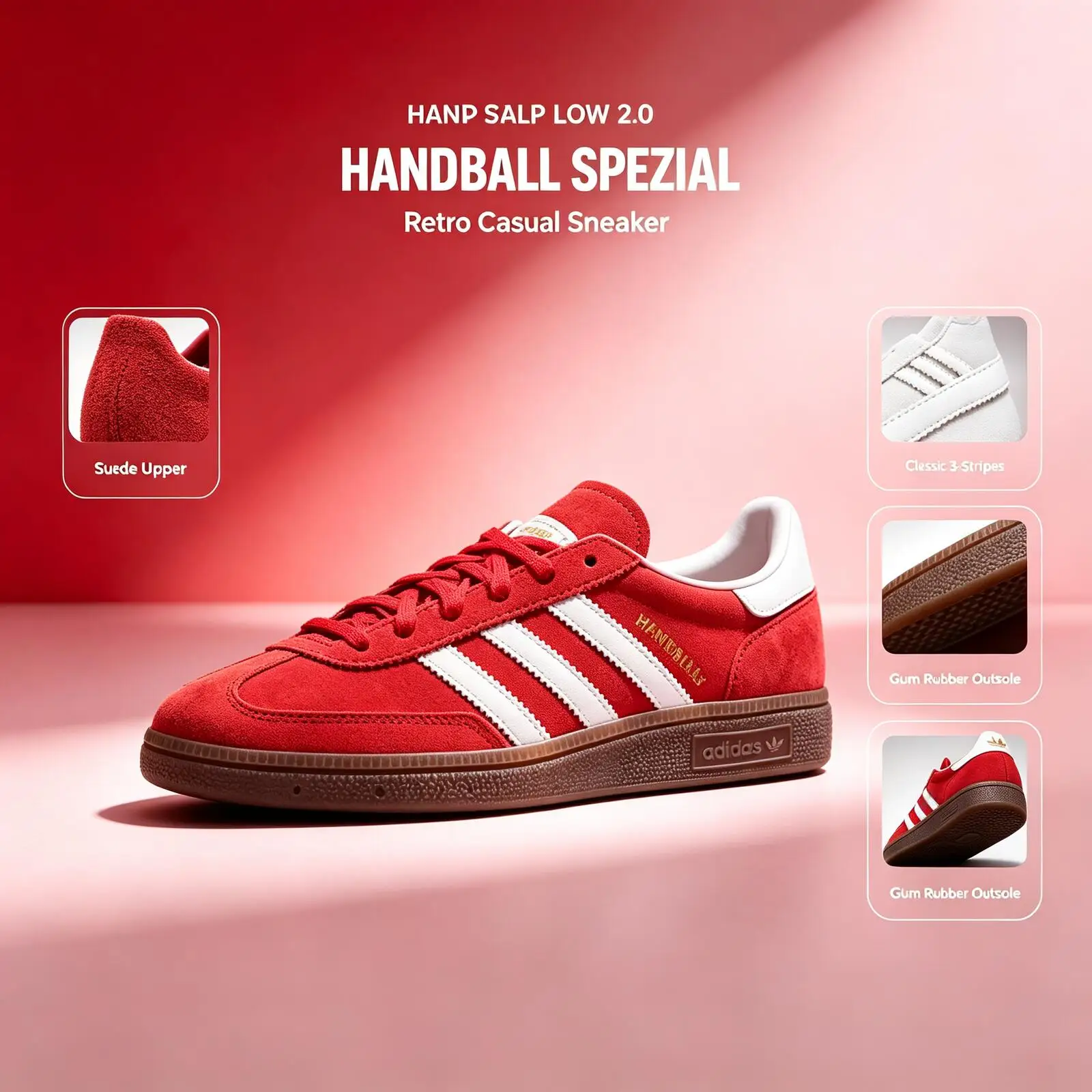 Adidas HANDBALL SPEZIAL KH6039 Originals  Low Top Skateboard Shoes Unisex Red Breathable Lace-Up Casual Shoes
