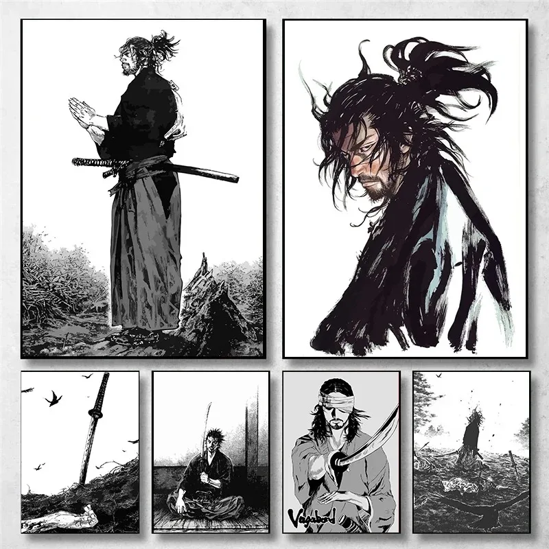 Retro Japanese anime manga Musashi Miyamoto, wandering Bushido warrior art poster oil painting wall art home decoration