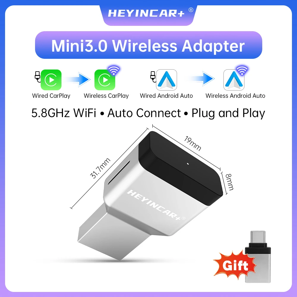 HEYINCAR New 3.0 Mini Wireless Carplay Android Auto Adapter Plug And Play Ai Box For VW Toyota Nissan Honda Benz Ford-More