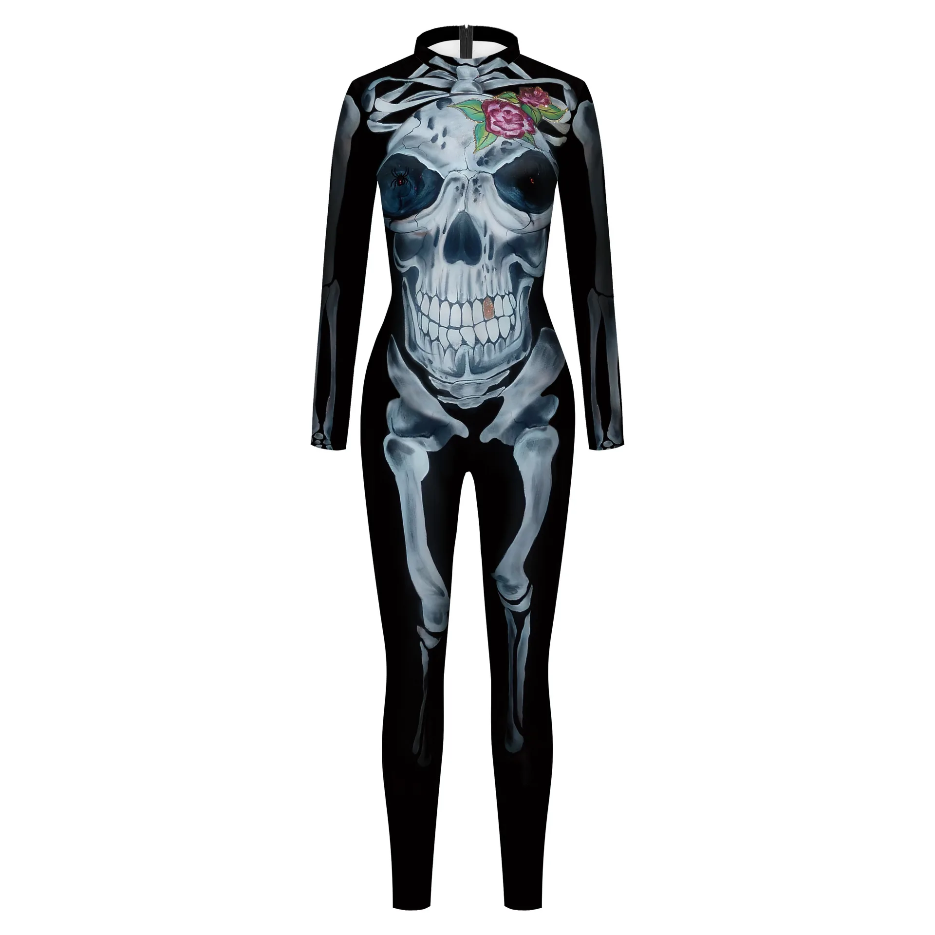 Farbe Cosplay Party Cosplay Overalls Frauen Halloween Kostüm 3D Zentai Skelett Druck Langarm Bodysuit Horror Catsuit