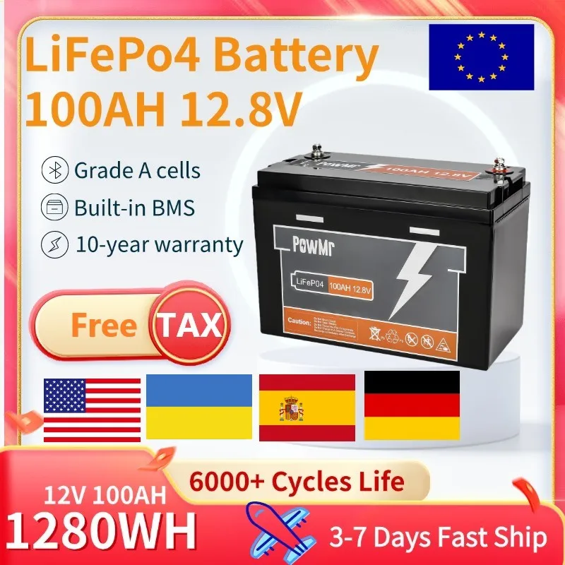 LiFePO4 12.8V 100Ah Lithium Battery Pack 12.8V 1280WH Grade A 6000+ Cycles BMS Waterproof Golf Boat Solar LiFePO4 Battery NO TAX