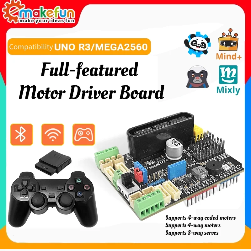 Плата расширения Emakefun для Arduino UNO Mega2560 R3, 6 ~ 35 В, с 4 каналами двигателей, портами сервоприводов PS2, джойстик, пульт дистанционного управления