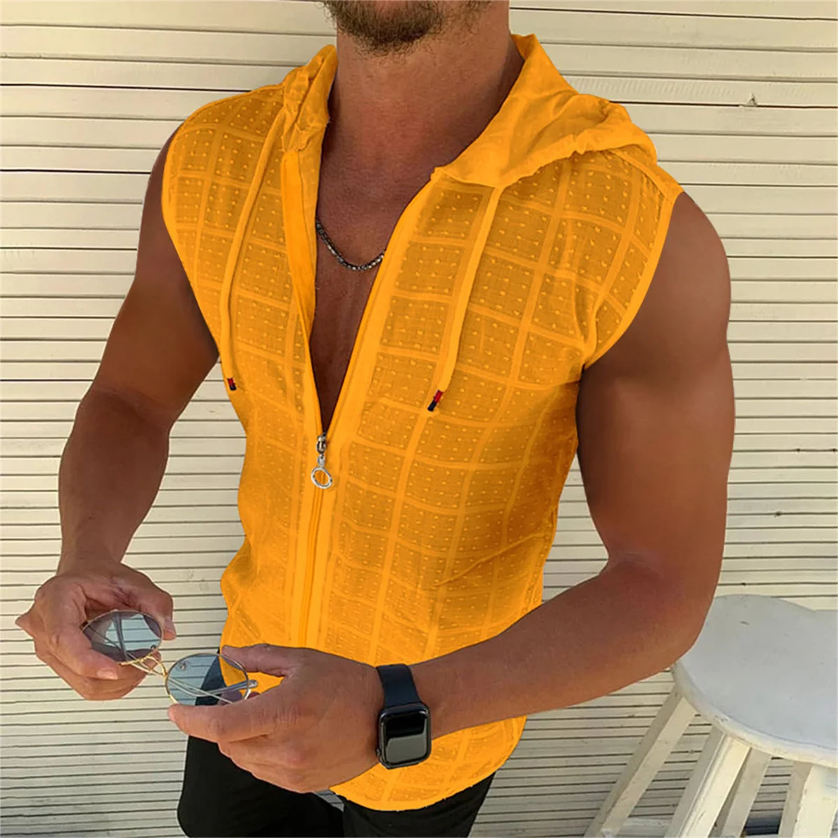 Summer new Men\'s Fashion Outdoor Sun Protection Solid Color 100% Cotton Plaid Hooded Sleeveless leisure cardigan lapel shirt