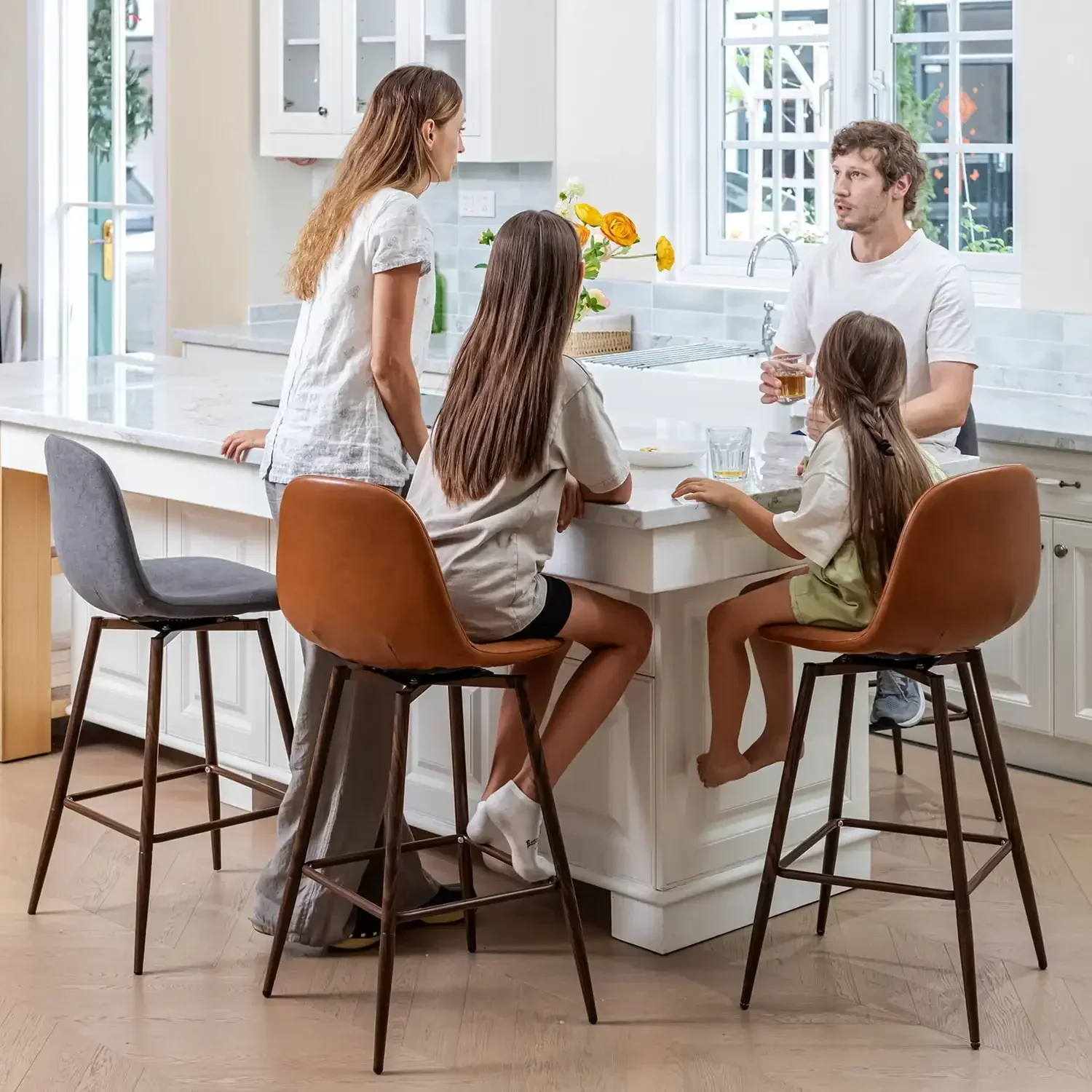 26" Counter Height Bar Stools Set of 2, Swivel Stools for Kitchen Island, Caramel Brown