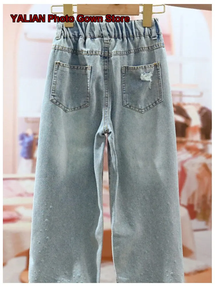 Girls Denim Wide Leg Pants Kids Summer Thin Ripped Distressed Trendy Older Kids