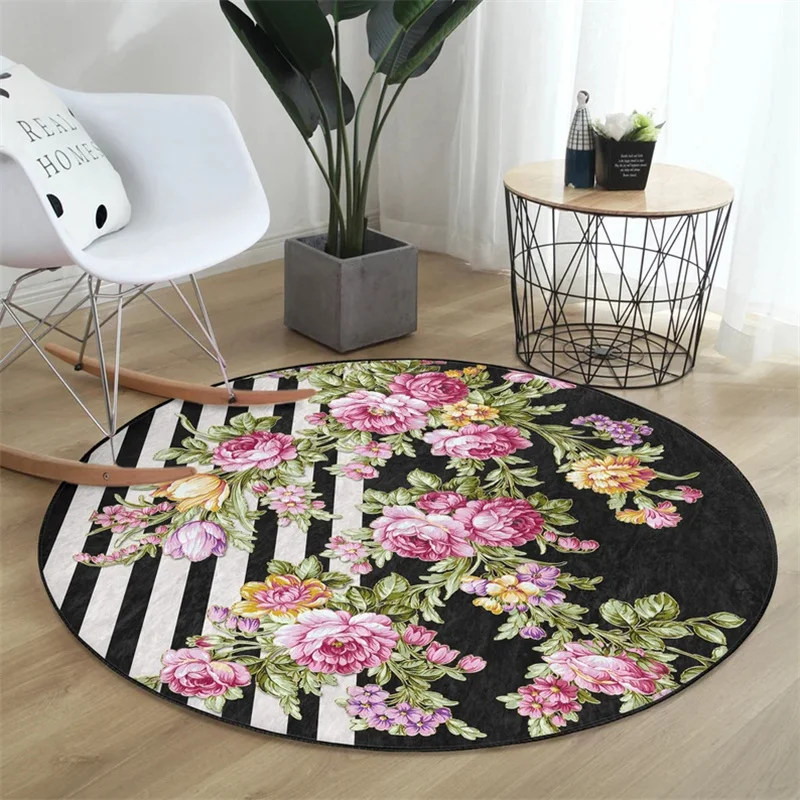 Zigzag Striped Round Rug with Floral Butterfly Design - Non-Slip Circle Floor Mat for Living Room, Bedroom & Home Decor Styling
