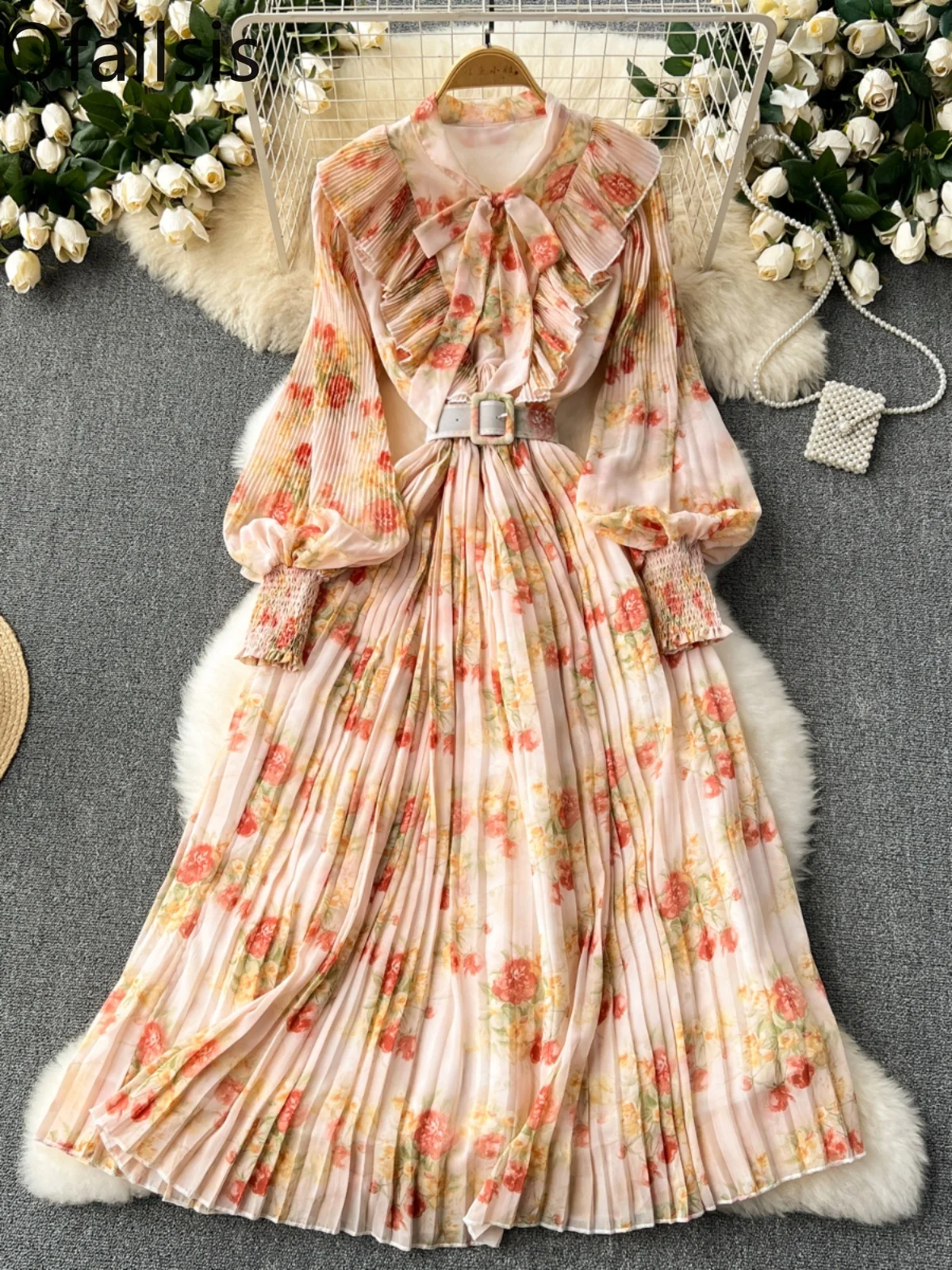 Ofallsis Light Mature Style Floral Printed Dress 2024 Spring New French Retro Sweet Ruffle Edge Patchwork Pleated Long Dresses