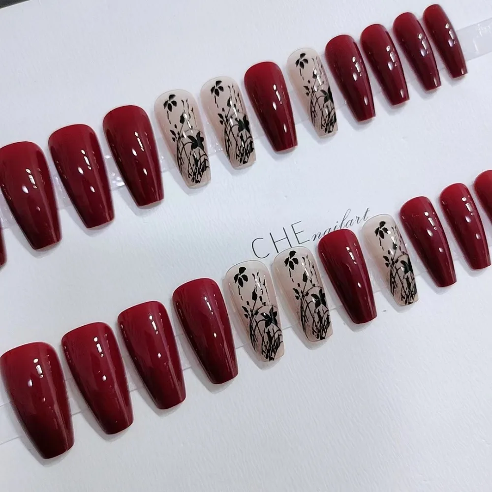 Unhas falsas francesas de formato trapezoidal longo, estilo vintage, vinho tinto, manicure vestível, amêndoa, unhas falsas, cobertura completa, pontas de unhas para meninas