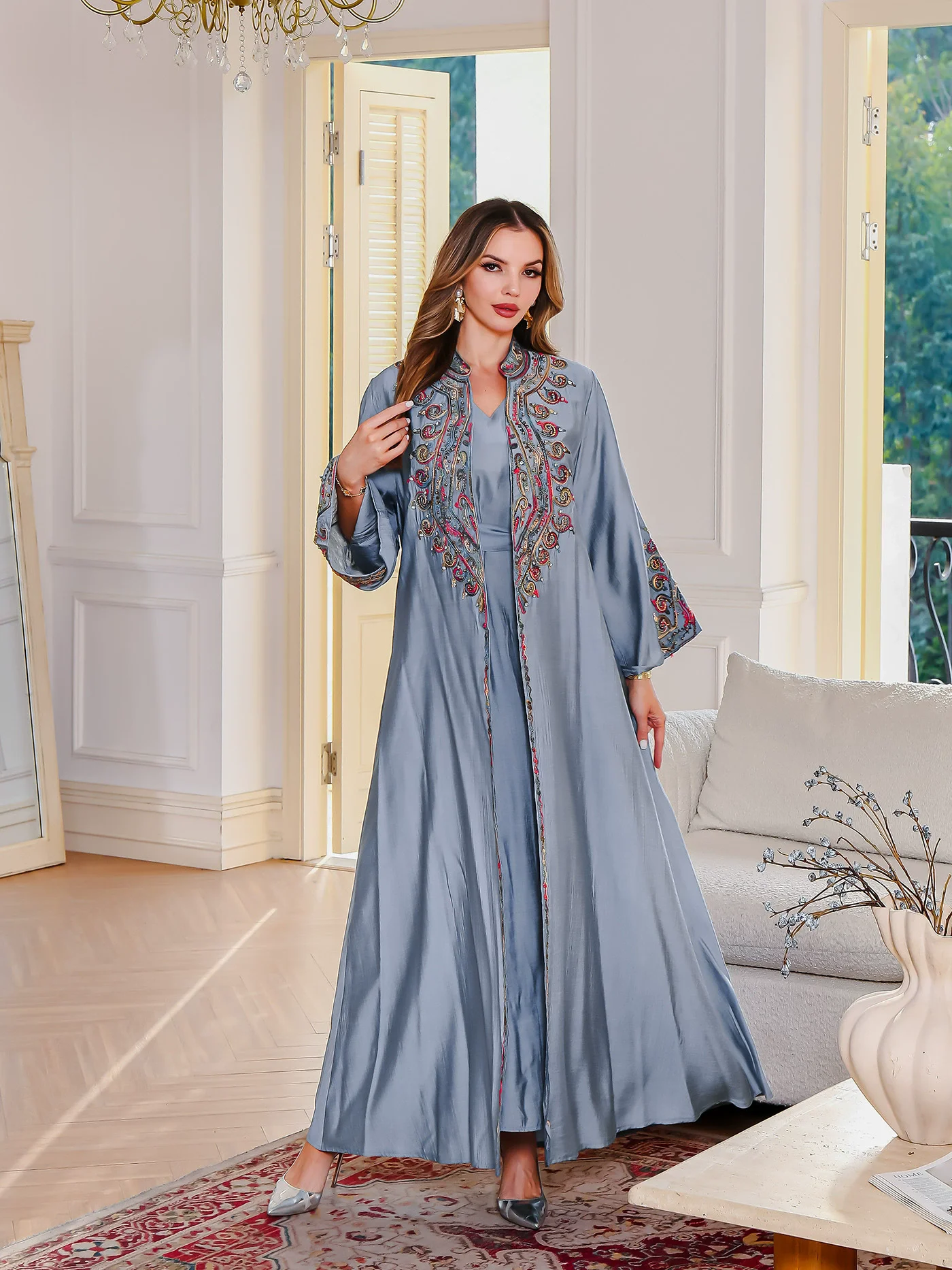 In stock Ramadan new Muslim fashion embroidered robe Middle Eastern clothing abaya Dubai long skirt two-piece set Arabian robe