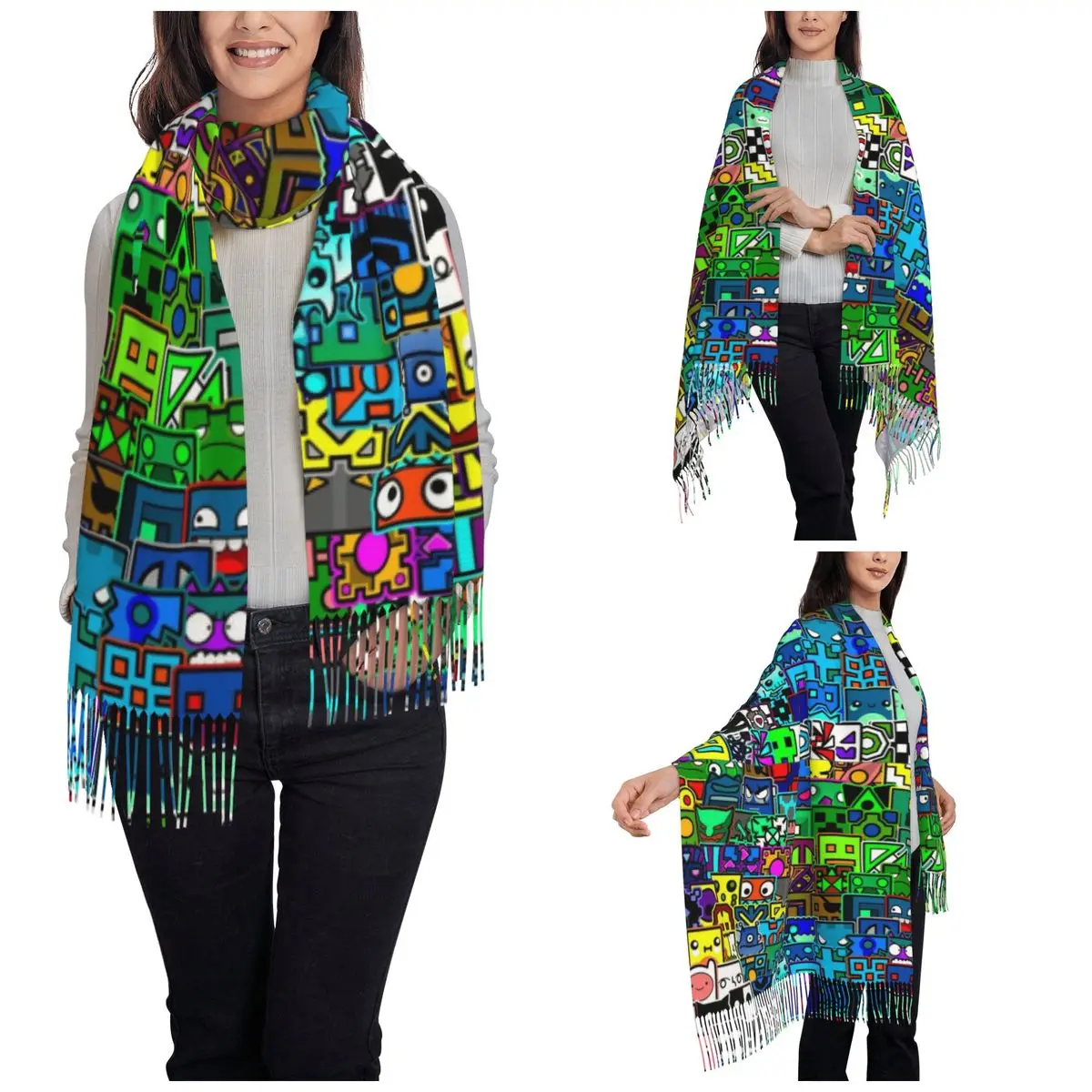 Geometric Dash Pattern Video Game Shawl Wrap for Women Warm Long Soft Scarf Geometry Dash Pashminas Shawl Scarves