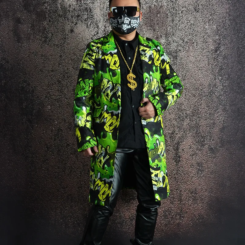 S-6XL!!2023 Original green graffiti hip hop coat extended suit printed suit stage hairdresser dress dress