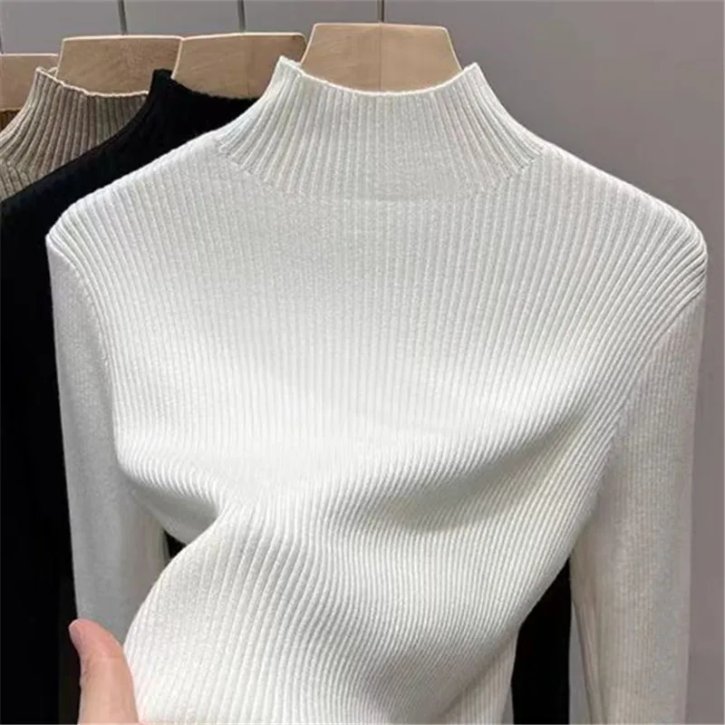 Suéter De punto para Mujer, jerséis nuevos De manga larga con cuello simulado, suéter De punto con forro polar, Tops para Mujer, Sueters De Mujer Q1479