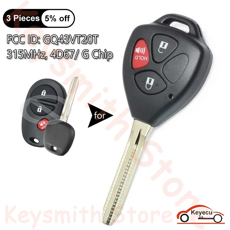 

KEYECU 3 Buttons 315MHz 4D67 G Chip for Toyota Highlander Sequoia Sienna Tacoma Tundra Upgraded Remote Control Key Fob GQ43VT20T